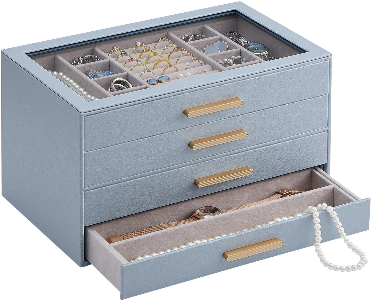 Lolalet Jewelry Box Organizer, 4-Layer Jewelry Organizers and Storage Case with Glass Lid, Ring Earring Bracelet Necklace Holder Organizer, Birthday Valentine Gifts for Women Girls -4Layer, HazeBlue