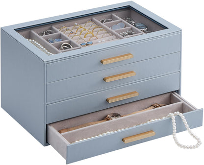 Lolalet Jewelry Box Organizer, 4-Layer Jewelry Organizers and Storage Case with Glass Lid, Ring Earring Bracelet Necklace Holder Organizer, Birthday Valentine Gifts for Women Girls -4Layer, HazeBlue