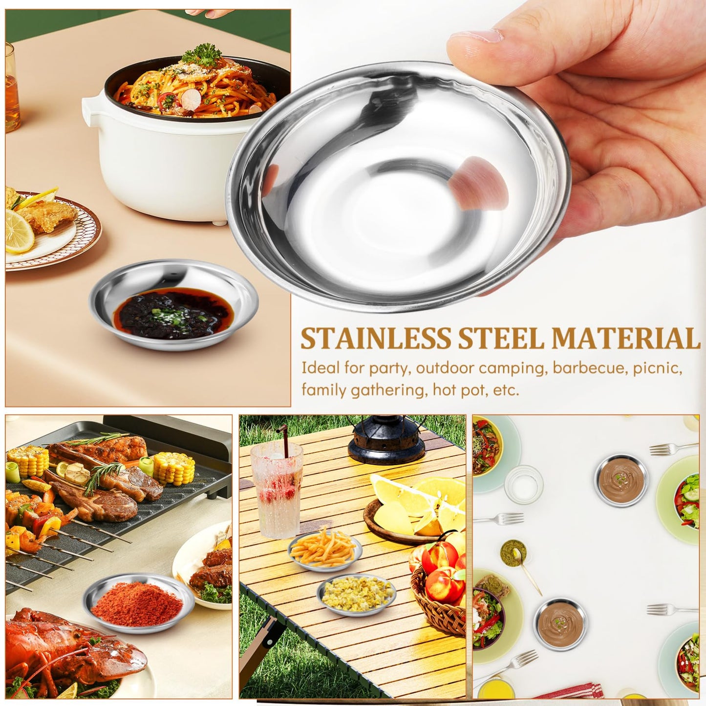 BESPORTBLE Stainless Steel Small Plates 10-Pack 4 Inch Round Sauce Dishes for Condiments Mustard Bowls Appetizer Plates for Home Restaurant Outdoor Camping and Bbq