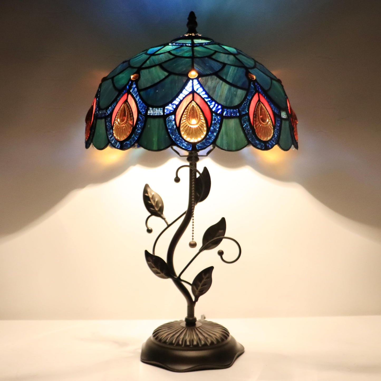 HWDFEI Tiffany Table Lamp, Stained Glass Style Desk Lamp, 12X12X19 Inch,Bedside Reading Light, Metal Leaf Base（Brown Crystal Style