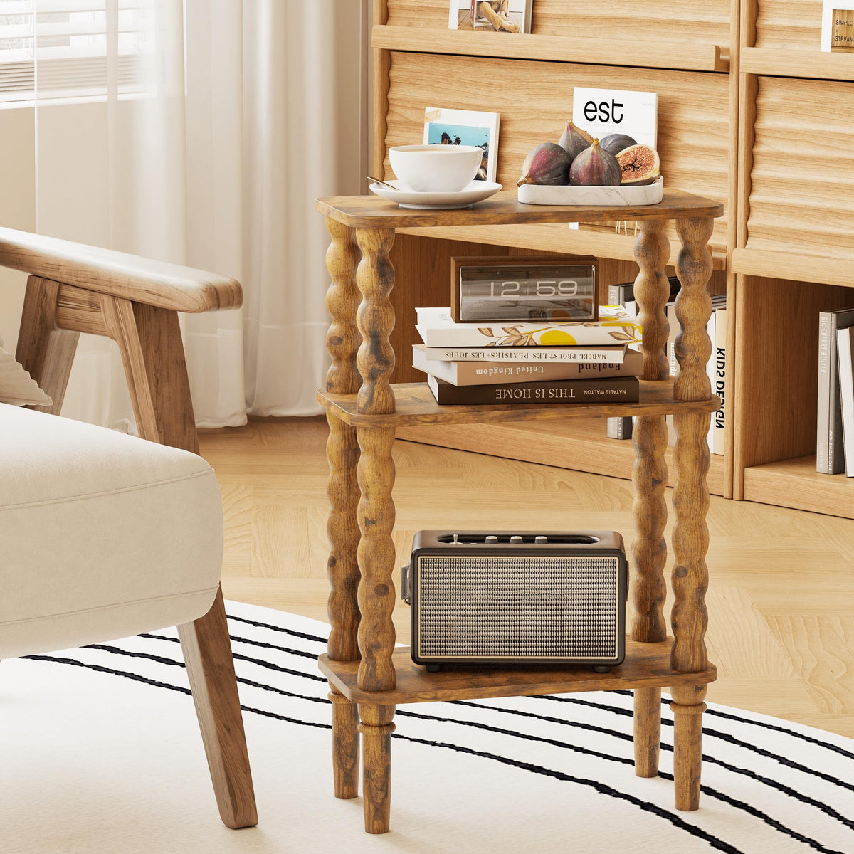 Veegle Side Table, Small End Table with Storage Shelf, 3-Tier Small Coffee Tables for Living Room Bedroom Narrow Spaces(Rustic Brown)