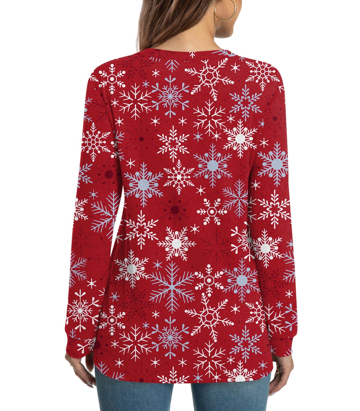 HOTGIFT Women Christmas Blouse Long Sleeve Tshirts Loose V-Neck Tunic Tops Snowflake-Red Large
