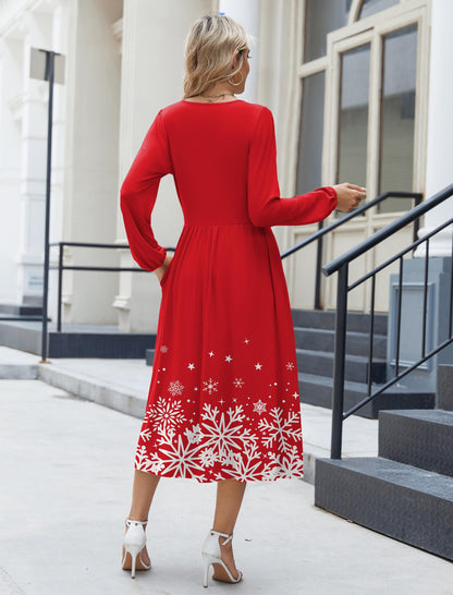 Zeagoo Fall Midi Dresses for Women 2025 Long Sleeve Flowy Dress Casual Swing Mini Dress for Beach Vacation Christmas Snow S