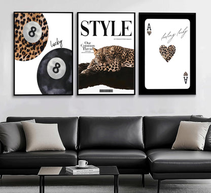Trendy Leopard Set of 3 Canvas Wall Art Preppy Room Aesthetic Cheetah Cheetah posters Prints Funky Lucky 8 Ball Wall Decor Pictures for Girls Bedroom Apartment Dorm Unframed Decoration