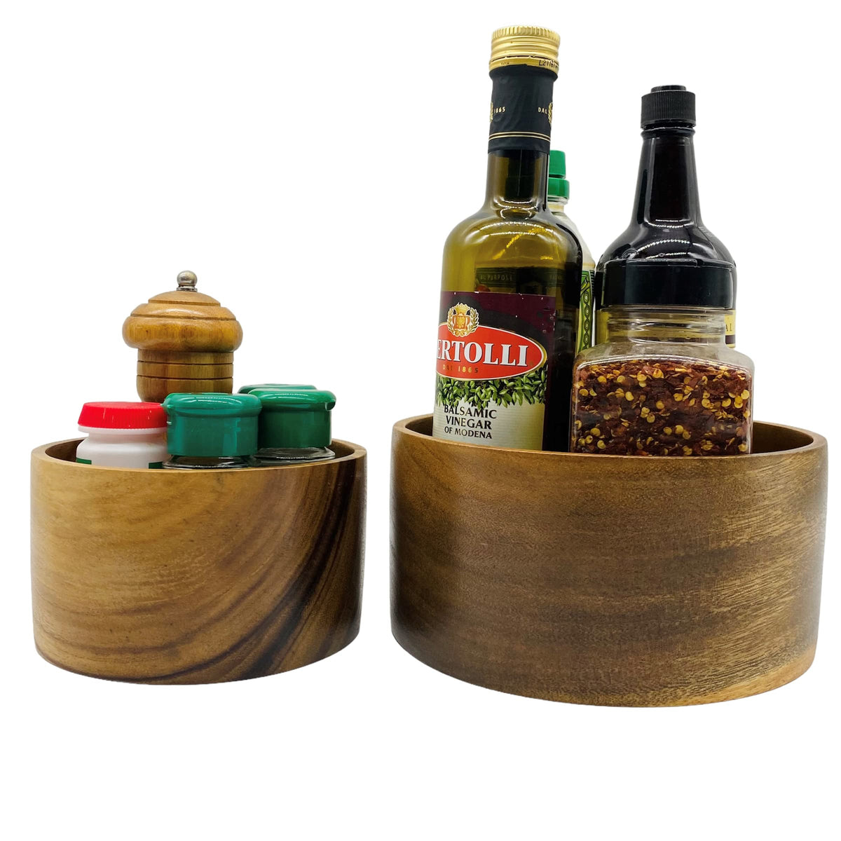 WRIGHTMART Round Wood Serving Bowl Set of 2, Durable Solid Acacia Wooden Bowls for Food, Condiment Storage, Salad, Snack, Nuts, Bread, Popcorn, Cylindrical Hand Turned, Bowl Size: 8" x 4" & 6" x 3.5"