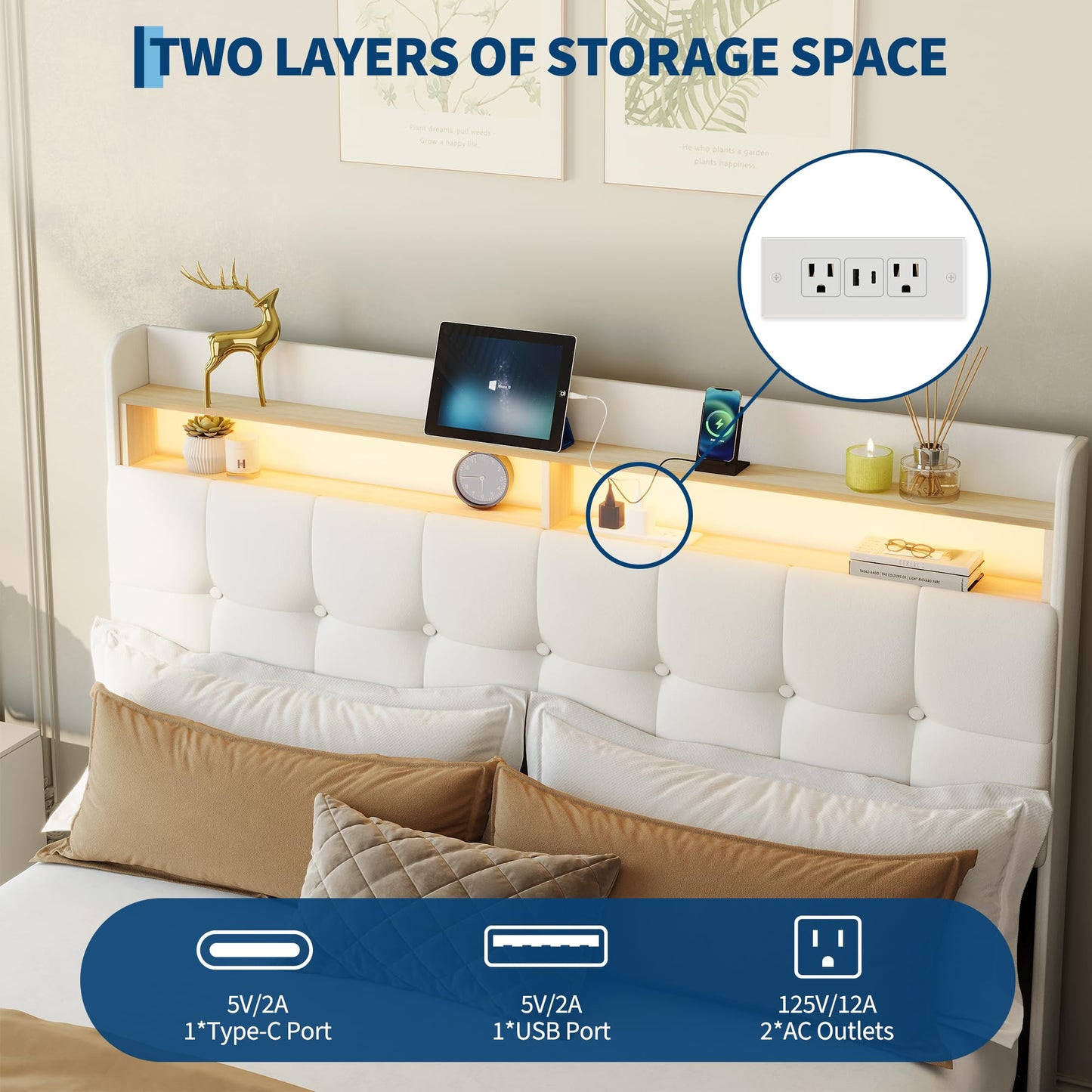 Queen Size Upholstered Bed Frame with LED Headboard, 2 Storage Drawers, Charging Socket and USB Port, Soft Fuzzy Soft, Noise-Free Metal Platform for Bedroom, No Box Spring Needed, Natural Wood Shelf