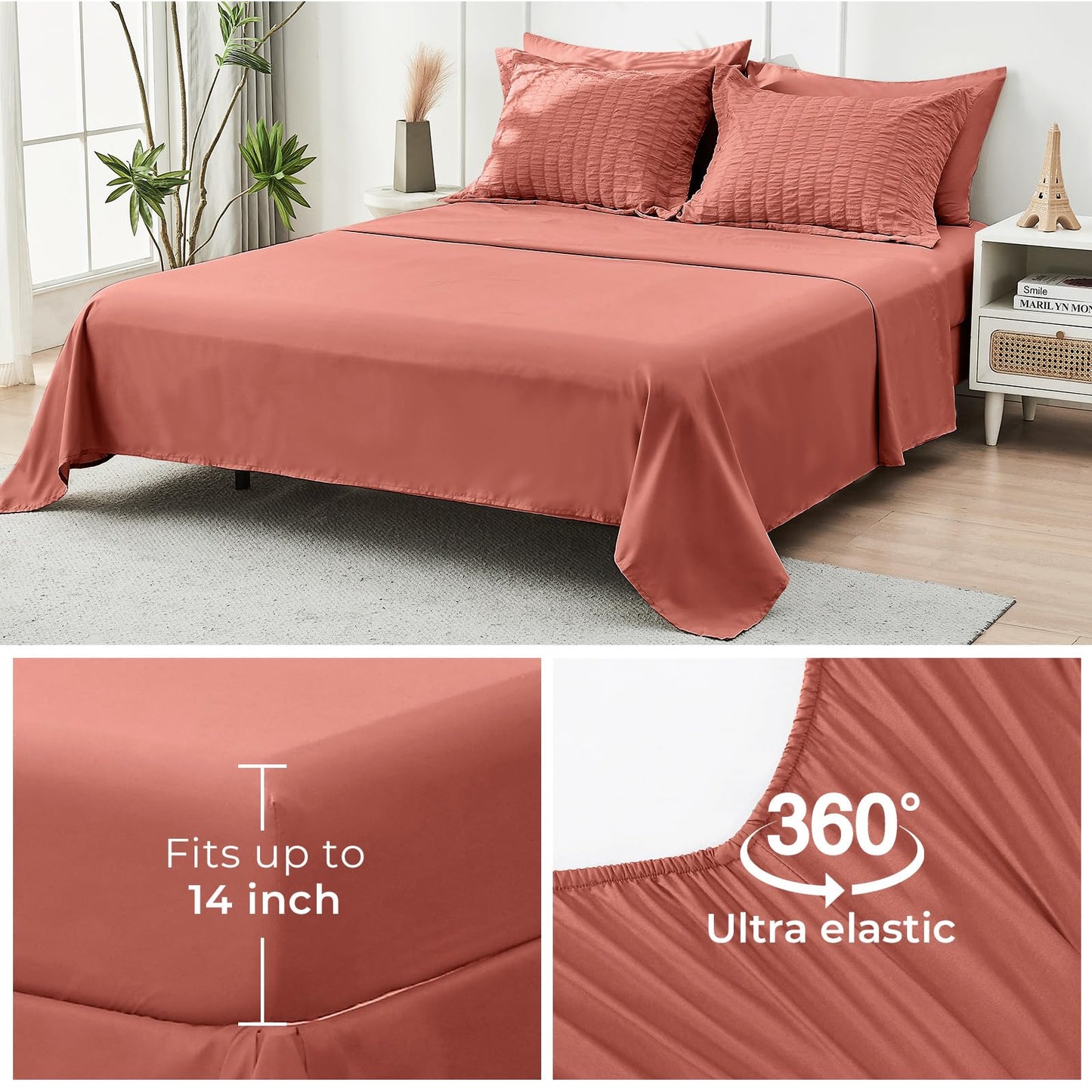 HYMOKEGE Coral Twin Comforter Set Seersucker 5 Pieces, All Season Luxury Bed in a Bag for Bedroom, Bedding Set with Comforter, Sheets, Pillowcase & Sham