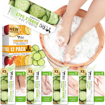 Pedicure Kit Foot Soak Set: Bubble Salt, Sugar Scrub, Massage Mask, Massage Lotion in a Box, 4 Step Foot Spa Kit for Dry Feet,Tired Feet（3 Set Tropical Fruit)