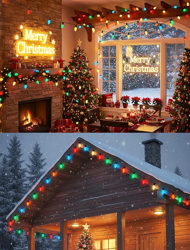 C9 Christmas Lights Outdoor, 25FT 25 LED C9 Multicolor String Lights, Steady Glow & Shatterproof, IP44 Waterproof, UL Listed, Connectable Christmas Tree Lights for Indoor/Outside Roofline & Patio