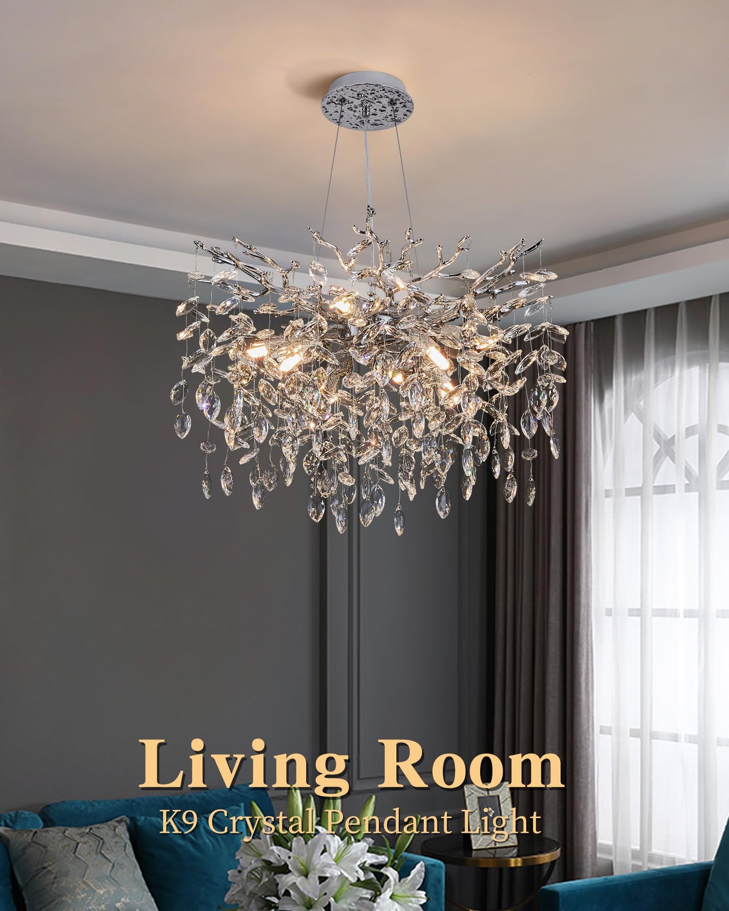 witkey Modern Tree Branch Crystal Chandelier Luxury Silver Crystal Pendant Lighting 23.6" Contemporary 8-Light Chandeliers for Dining Room Kitchen Bedroom Living Room