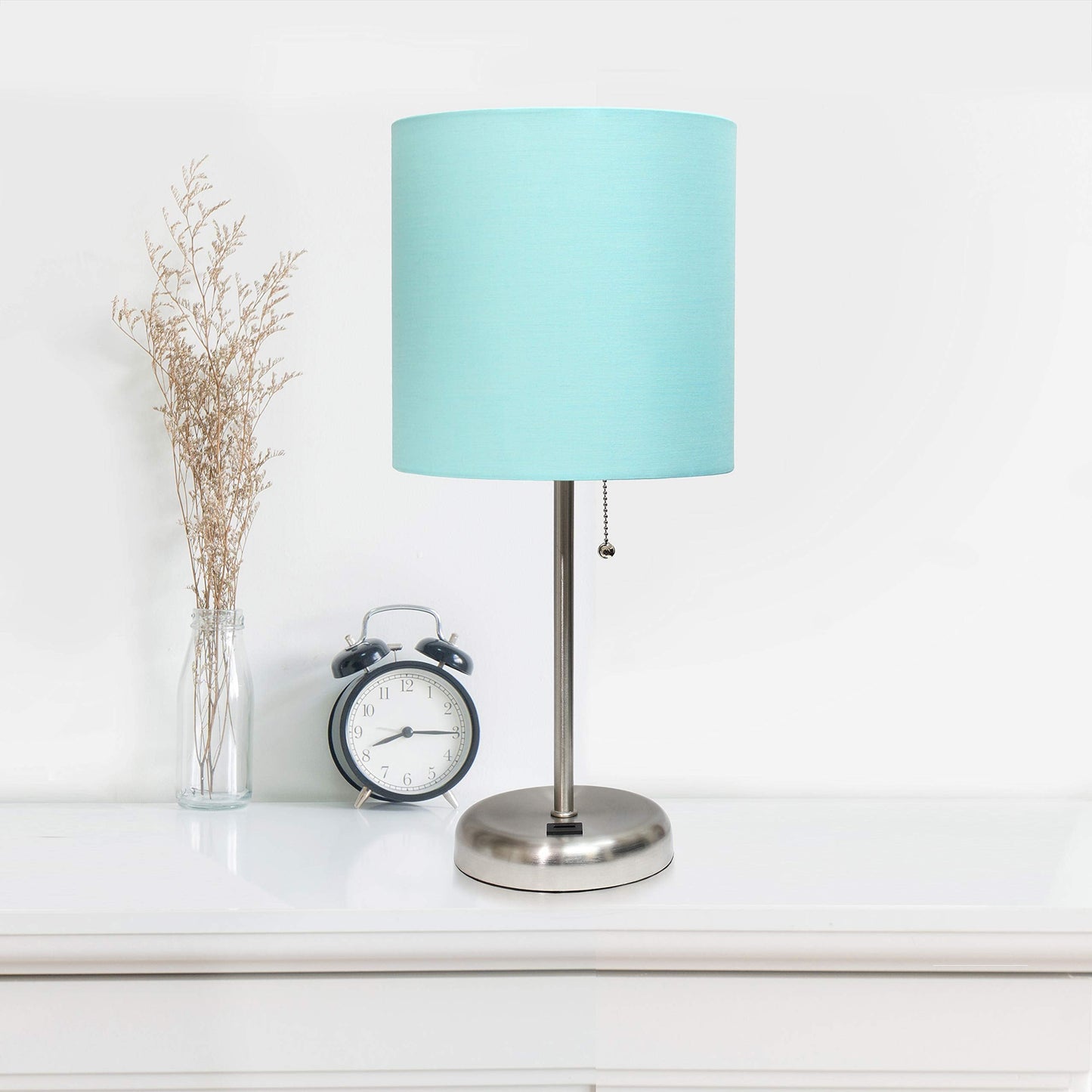 Simple Designs LT2044-AQU-LB Brushed Steel Stick Table Desk Lamp with USB Charging Port and Drum Fabric Shade for Living Room, Hallway, Nightstand, Office, Aqua Shade, with Feit LED Bulb Included