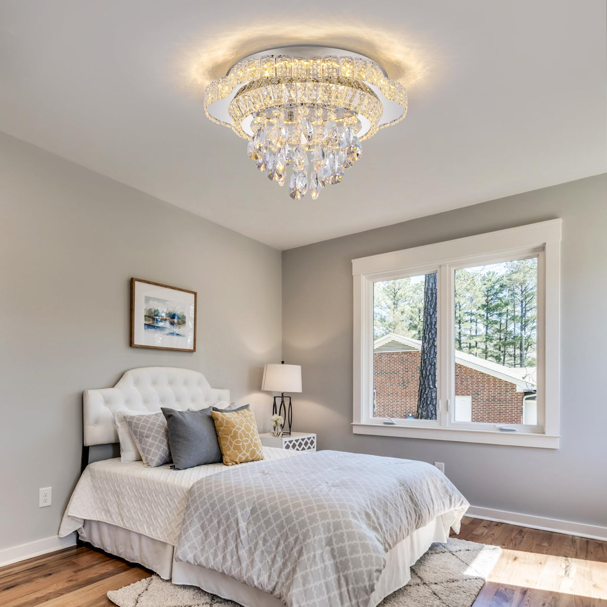 Kuailkag Silver 18" Modern Flush Mount Chandelier for Bedroom, LED Crystal Ceiling Light Over Table,Elegant Dining Room Lighting Fixture with Remote Control, 3CCT Dimmable