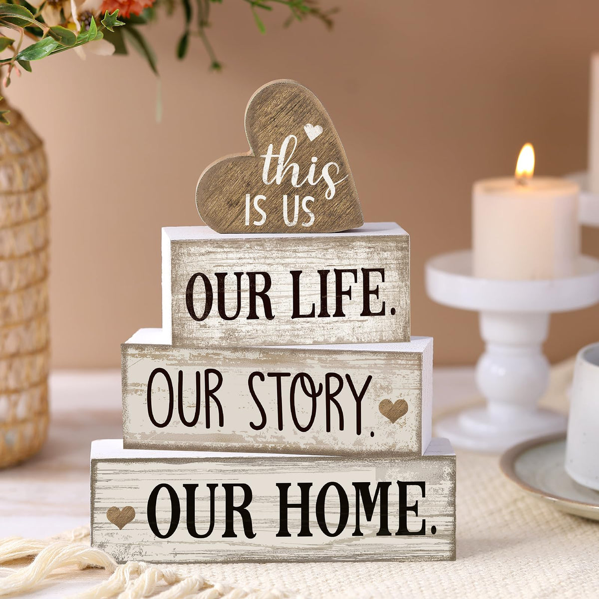 Conelist 4 Pcs Farmhouse Table Decoration Home Sweet Farmhouse Tiered Tray Decor This is Us Centerpiece Rustic Heart Boat Pink Bow Bless Block Sign Gift for Kitchen Table Kitchen Shelf (Heart)