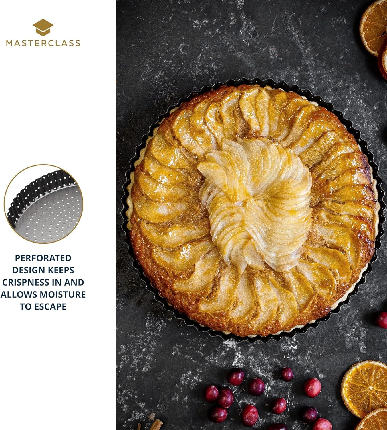 MasterClass KCMCCB39 Crusty Bake 20 cm Perforated Quiche Tin with PFOA Non Stick and Loose Bottom, Fluted, Robust 1 mm Carbon Steel, Grey