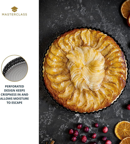 MasterClass KCMCCB39 Crusty Bake 20 cm Perforated Quiche Tin with PFOA Non Stick and Loose Bottom, Fluted, Robust 1 mm Carbon Steel, Grey