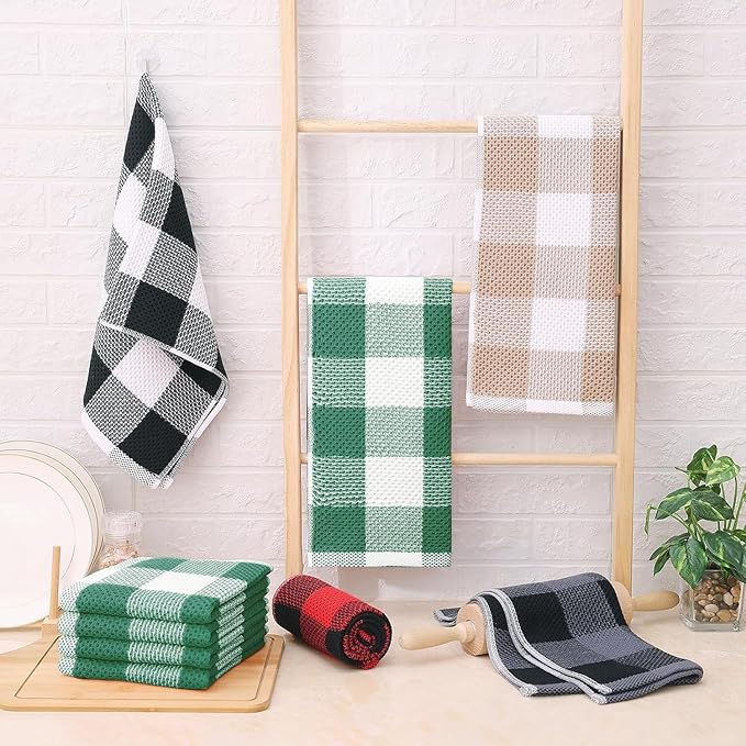 Homaxy 100% Cotton Waffle Weave Check Plaid Kitchen Towels, 13 x 28 Inches