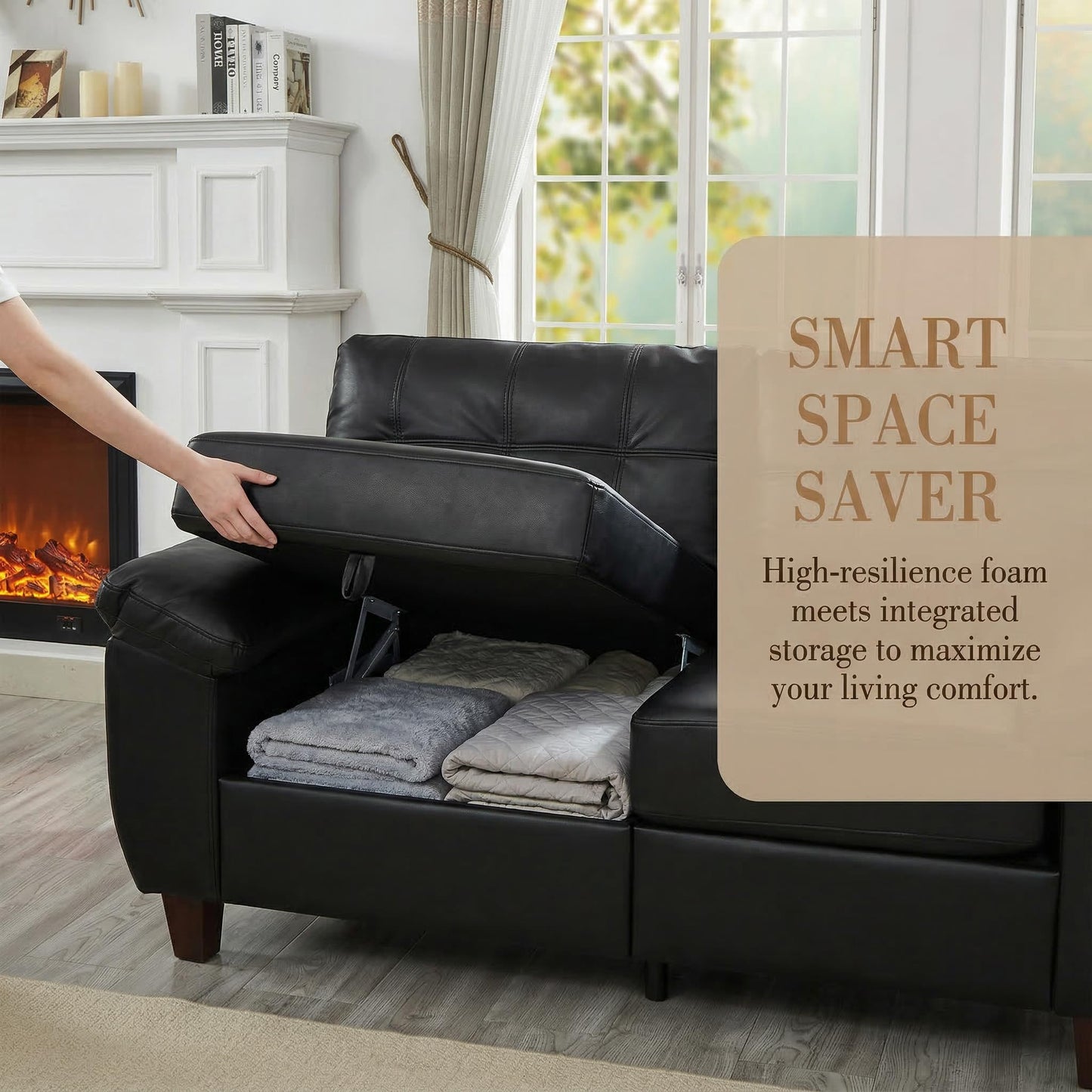 KEIKI 79"Modern PU Leather Living Room Sofa Couch with Storage, Three Seater with Wide Armrests and Tufted Back Cushions, Comfortable Spring Seat Support Couch for Living Room Apartment Lounge, Brown