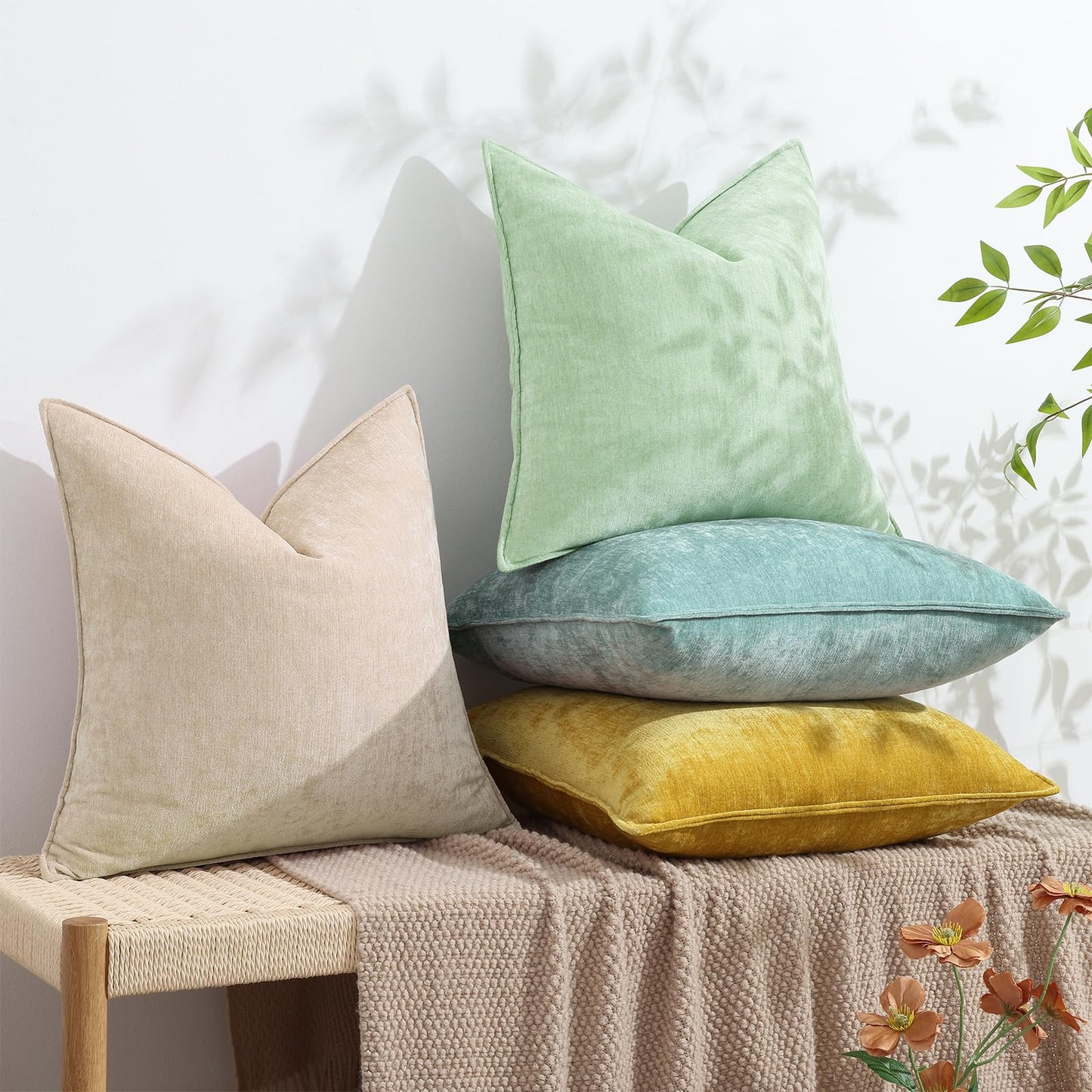 decorUhome Christmas Couch Throw Pillow Covers 18x18 Set of 2, Decorative Soft Euro Velvet Neutral Chenille Pillow Covers with Elegant Design for Sofa Bed Living Room Home Decor, Beige