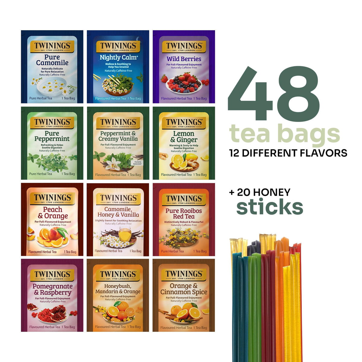 Twinings 48 Tea Bags Herbal Variety Pack – 12 Caffeine-Free Flavors + 20 Honey Sticks, Relaxing Herbal Tea Gift Set for Tea Lovers, Bedtime & Daily Wellness