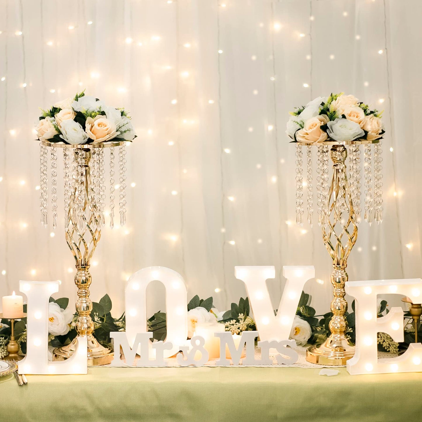 LANLONG 2pcs Gold Metal Flower Vases Crystal Flower Stand Wedding Centerpieces for Tables Party Dinner Event Restaurant Hotel Decoration