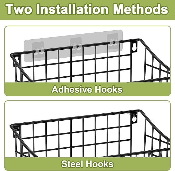 Wall Basket with Label Plate & 5 S-Hooks –4 Pack Hanging Wire Basket