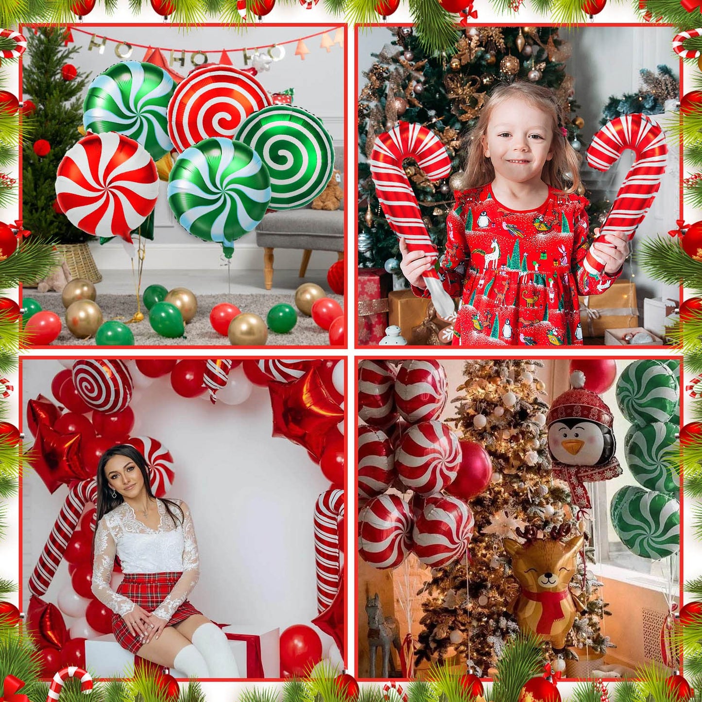 36Pcs Christmas Balloons Kit, Cane Candy Foil Balloons with Ribbons, Red Green Mylar Balloon for Party Decorations