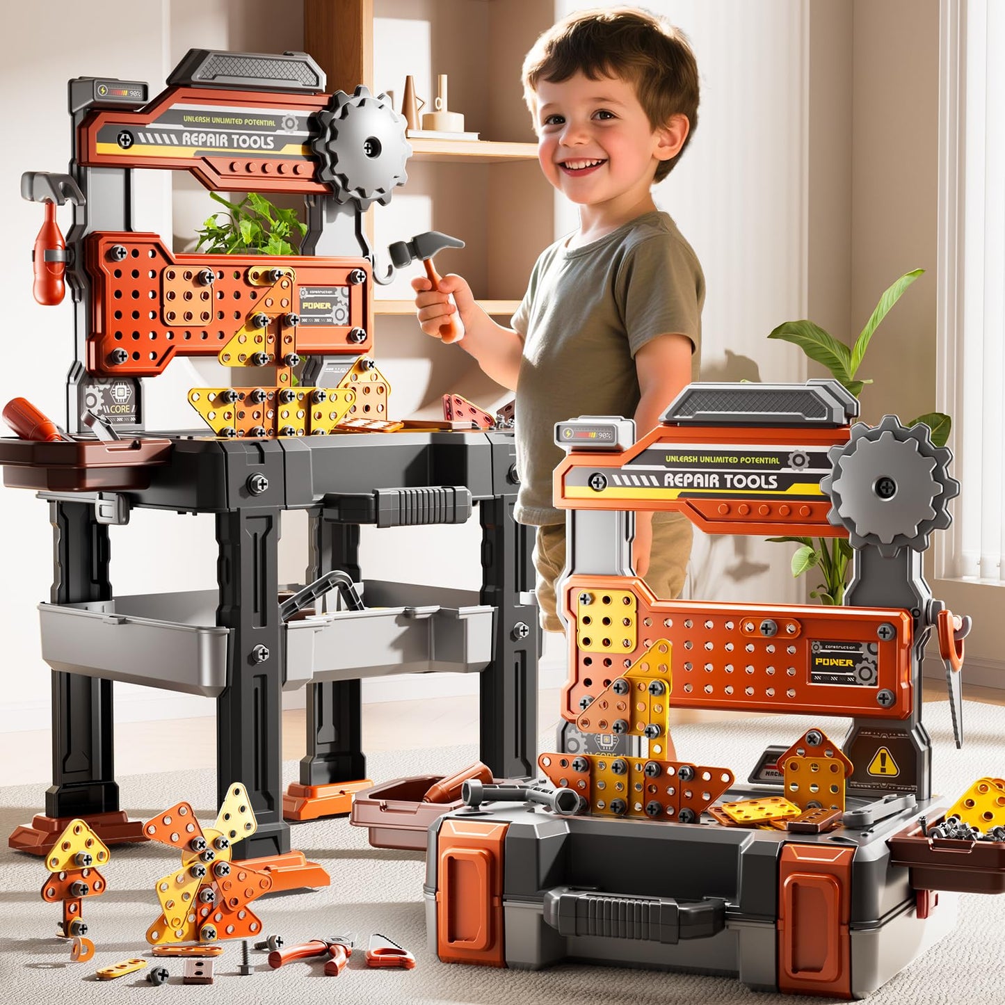 DULONIME 2 in 1 Workbench Tools Toys Set with Sound for Toddlers Aged 3-5, 145 PCS Educational Construction Mechanic Toolbox for Boys Girls, Pretend Play Toys Birthday Gift for Kids 3 4 5 6 Years Old