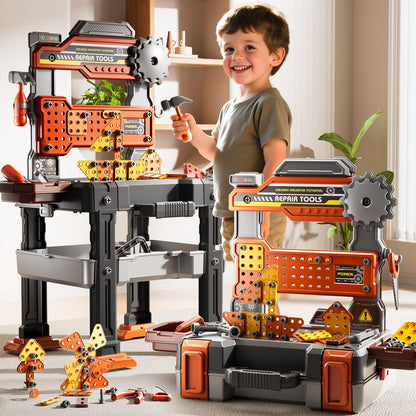 DULONIME 2 in 1 Workbench Tools Toys Set with Sound for Toddlers Aged 3-5, 145 PCS Educational Construction Mechanic Toolbox for Boys Girls, Pretend Play Toys Birthday Gift for Kids 3 4 5 6 Years Old