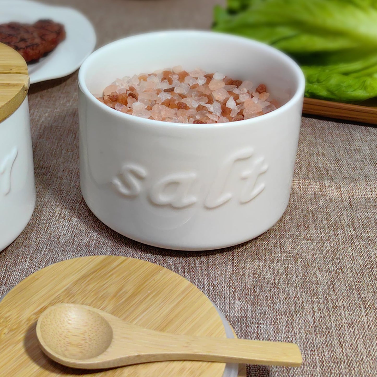 NAXIHOPT Salt Cellar with Lid and Spoon, 16 OZ Airtight Salt Container for Countertop, Ceramic Storage Container for Spices, White