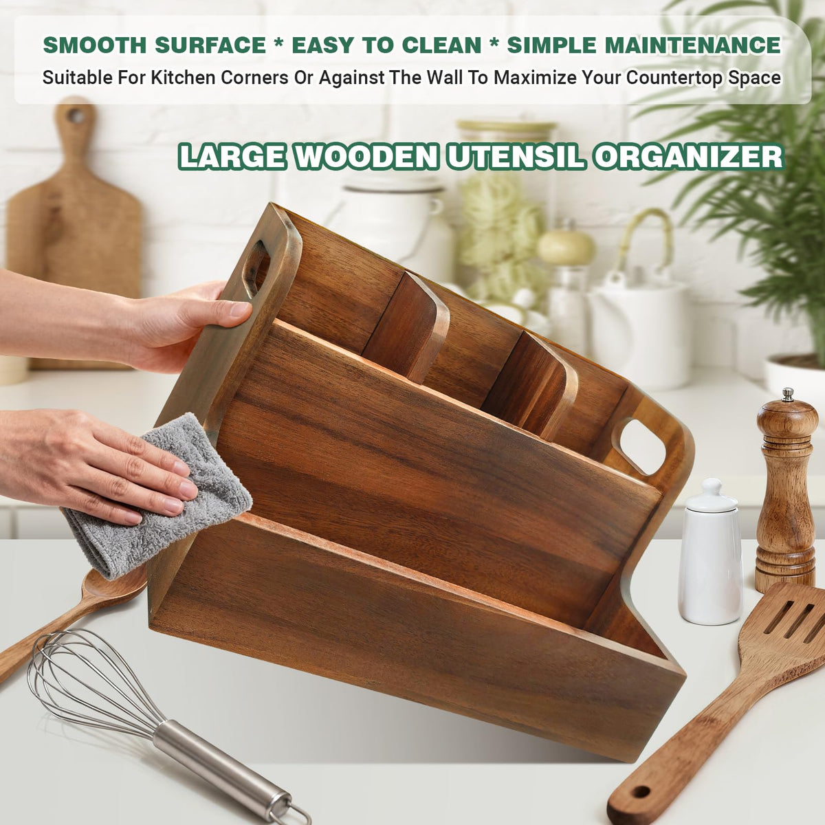 LAGOUPICK Kitchen Utensil Holder for Countertop with 4 Compartments Acacia Large Utensil Holder Wooden Storage for Cooking,Baking,Flatware Tool Kitchen Utensil Organizer