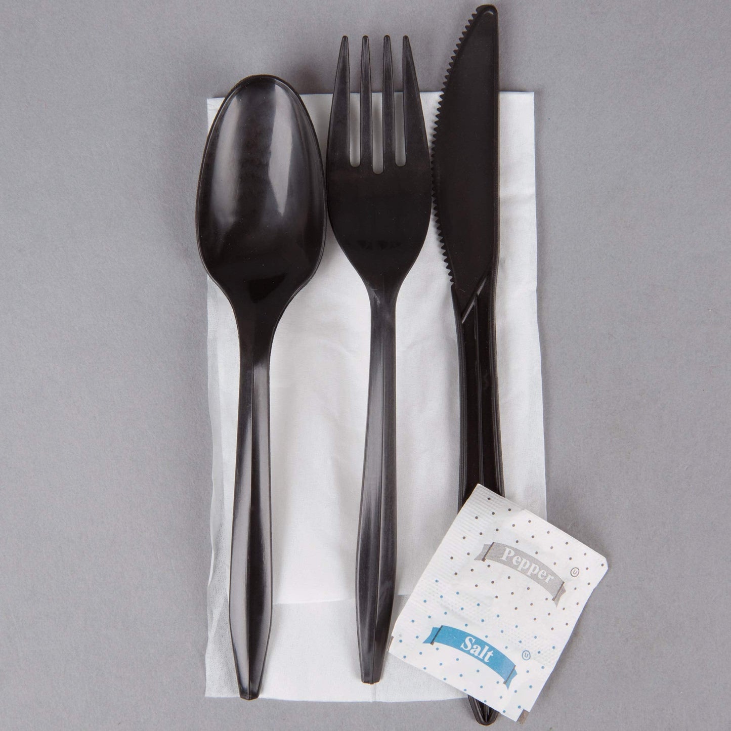 100 Plastic Cutlery Packets - Knife Fork Spoon Napkin Salt Pepper Sets | Black Silverware Sets Individually Wrapped Cutlery Kits, Bulk Plastic Utensil Cutlery Set Disposable To Go Silverware