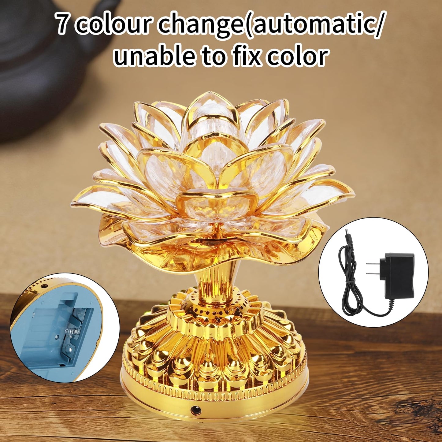 yaogohua 7 Colorful LED Lotus Lamp,5.1x5.1in Lotus Buddhist Lampfor Buddha Occasions, Buddhist Supplies (100-240V) - Golden