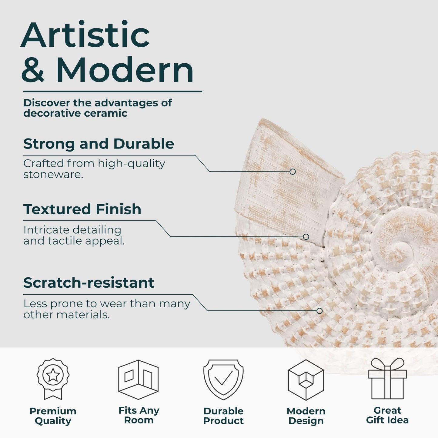 Coastal Seashell Decorative Figurine – Handcrafted Polyresin Nautical Decor Sculpture – Figurines & Sculptures Home Decor for Office, Bedroom & Living Room – 7", Whitewash