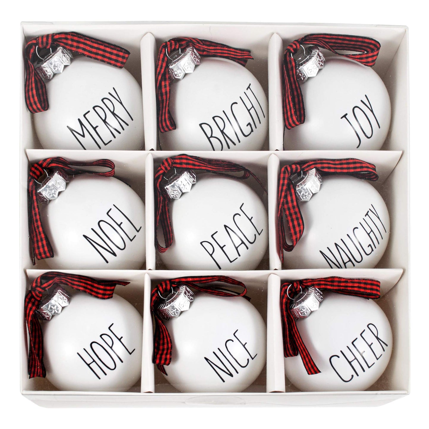 Buffalo Plaid Christmas Tree Ornaments - Set of 9 Shatterproof Bulbs - Farmhouse Word Ornaments - Compatible with Rae Dunn Rustic Decorations - Matte White Bulbs with Red & Black Buffalo Check Bows