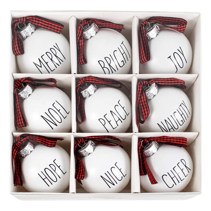 Buffalo Plaid Christmas Tree Ornaments - Set of 9 Shatterproof Bulbs - Farmhouse Word Ornaments - Compatible with Rae Dunn Rustic Decorations - Matte White Bulbs with Red & Black Buffalo Check Bows
