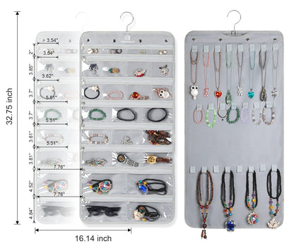 Freegrace Hanging Jewelry Organizer with Secure Zipper Closure - 360° Revolving Hanger, 25 Clear Pockets, 23 Necklace Hooks - Foldable Travel Storage & Closet Display (Gray)