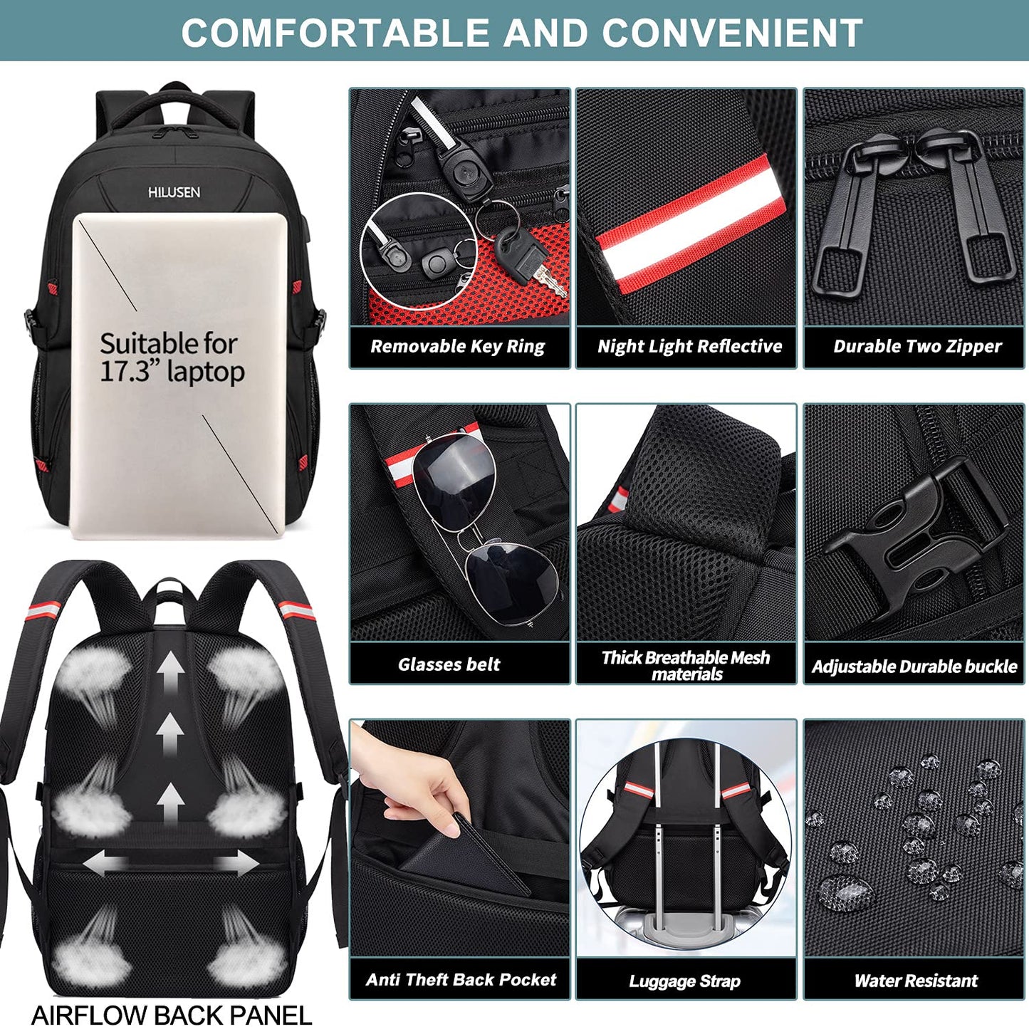 Extra Large Backpack for Men 50L,Lunch Backpack Work Bag Travel Laptop Backpack 17.3 Inch with USB Charging Port,Water Resistant Big Business Computer Rucksack for Men Women College School Black