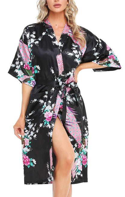Lovasy Kimono Dressing Gowns Satin Kimono Robe Peacock and Blossoms Silk Dressing Gown for Women UK Long Silk Bride and Bridesmaid Robes,Black,XL