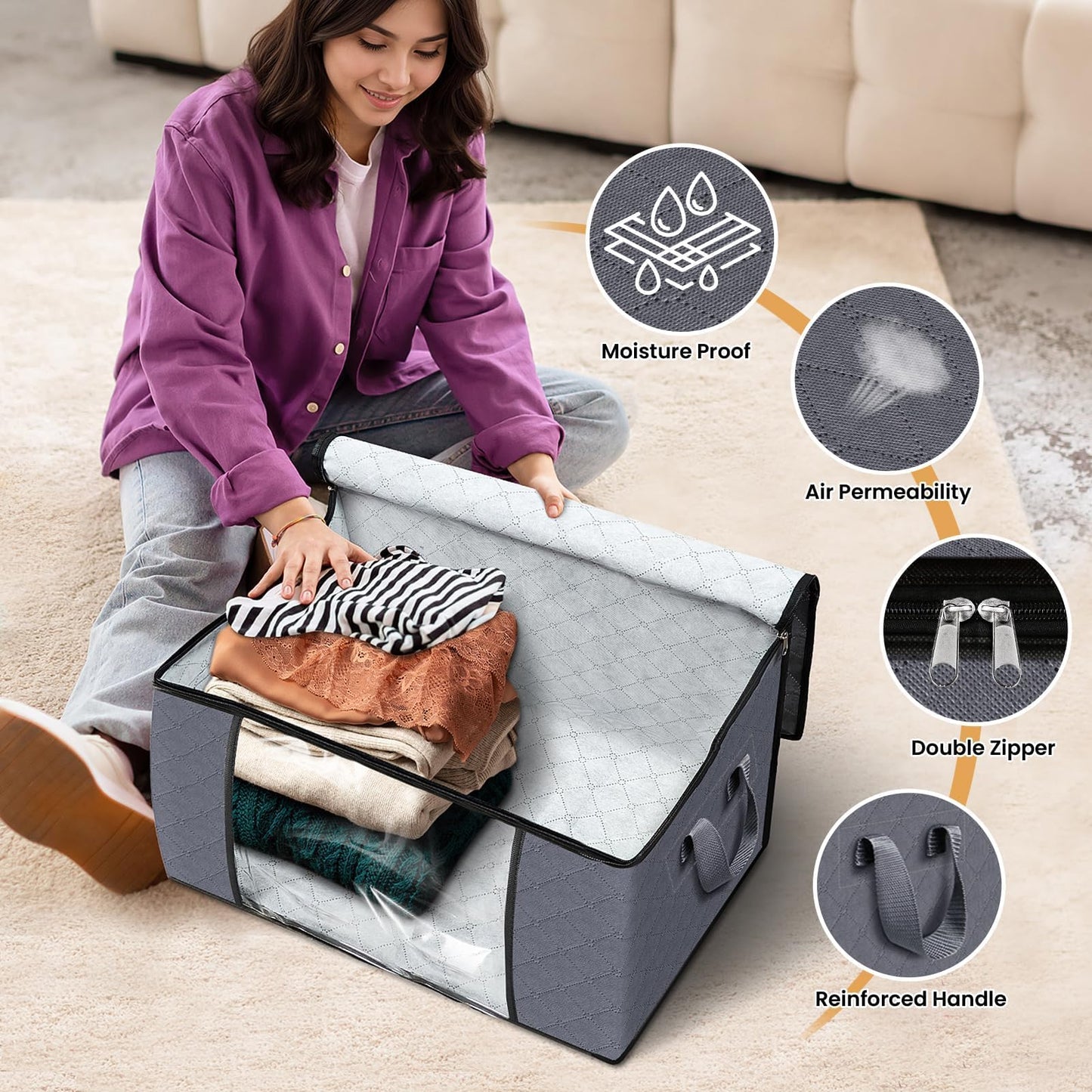 Fab totes 6 Pack Storage Bags for Clothes and Blanket, Foldable Closet Organizers and Storage with Zippers, Clear Window and Handles, Fabric Storage Bins for Sweater, Comforter, Bedding,Linen Sheets