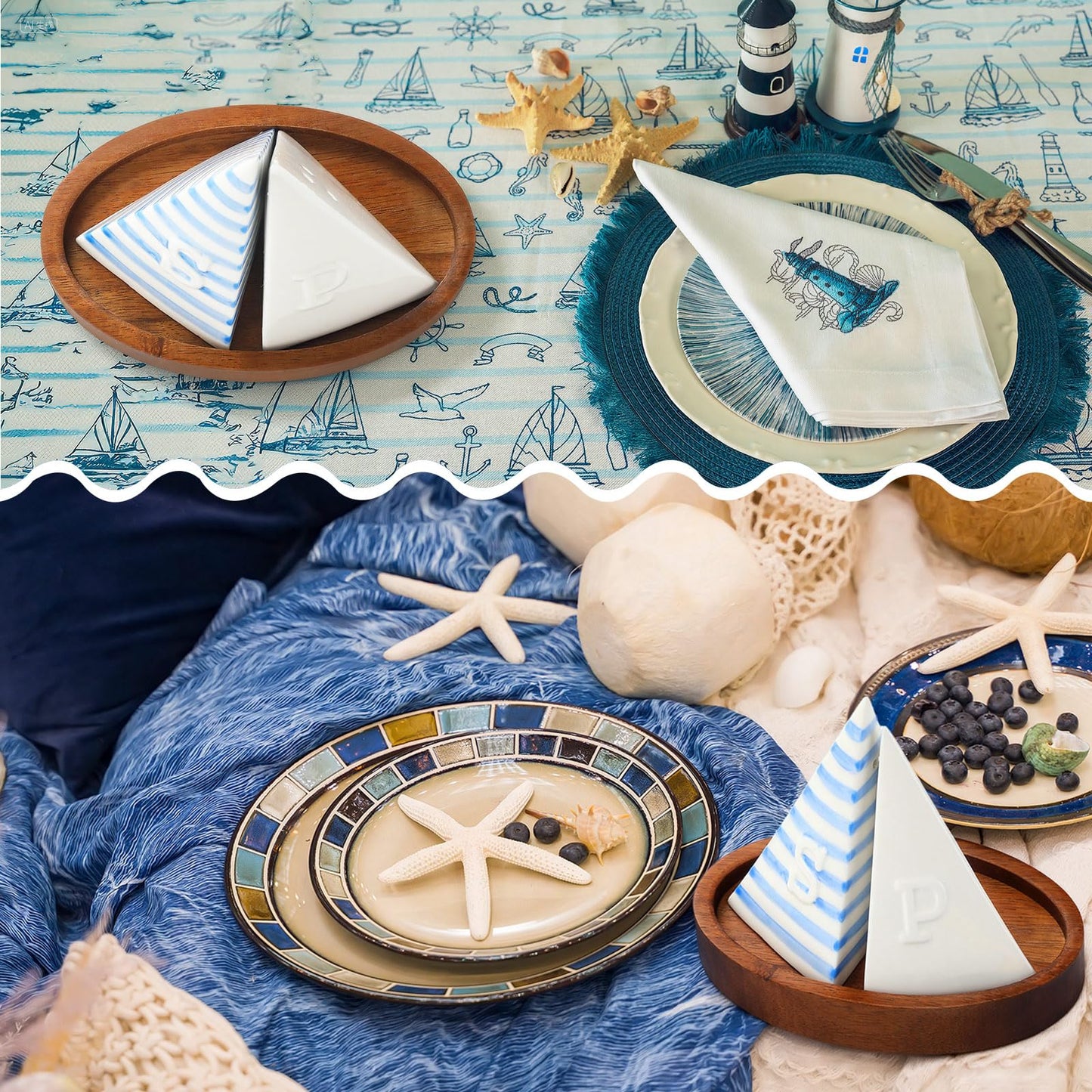 Qinyoung Ceramic Sailboat Salt and Pepper Shaker with Wooden Tray Blue White 5 Inch Kitchen Table Home Furnishings for Nautical Theme Party Summer Event