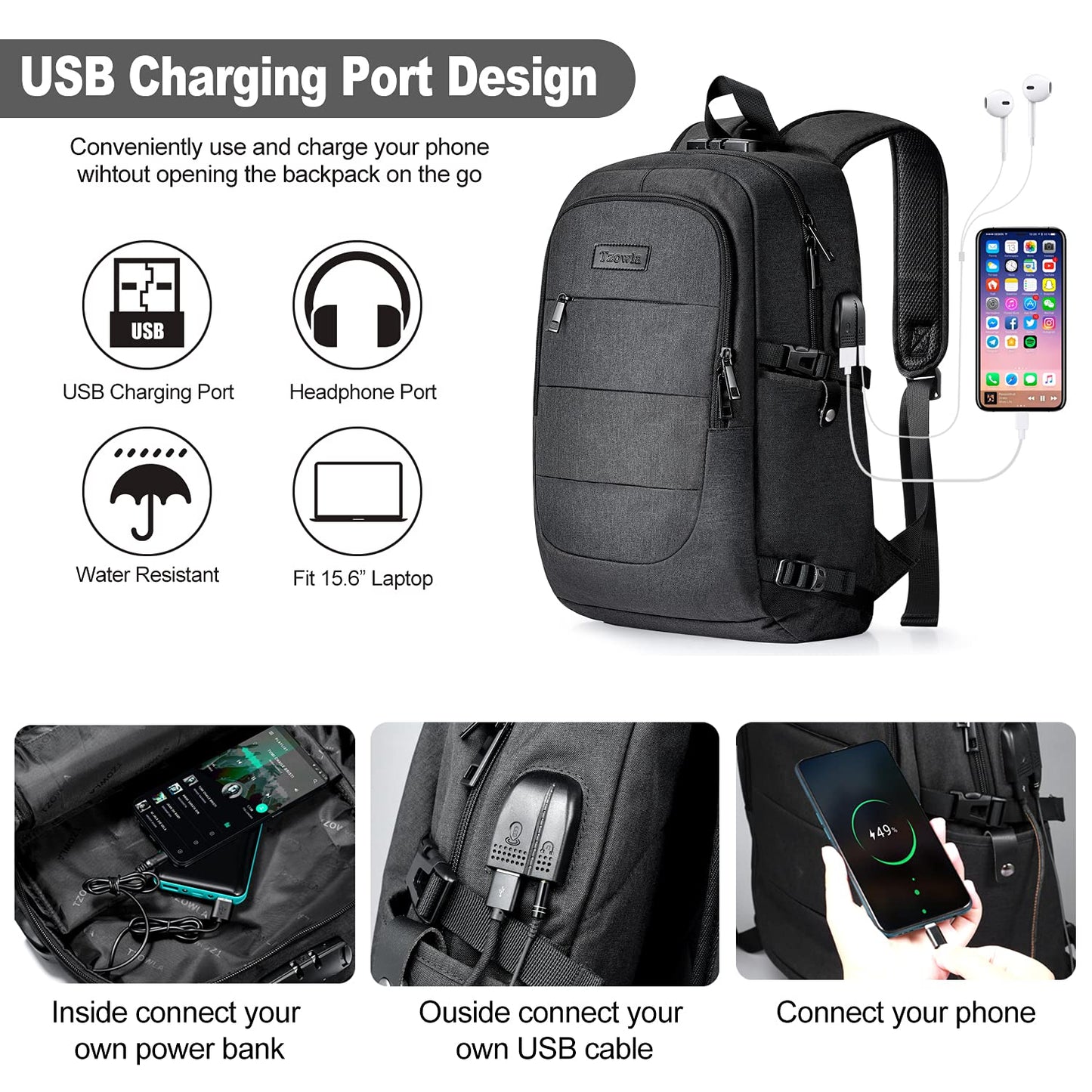 Tzowla Laptop Travel Backpack Mens Womens Water Resistant Anti-Theft Bag with USB Charging Port and Lock 15.6 Inch Computer Business Backpacks for School Work College Gift,Casual Daypack-Black