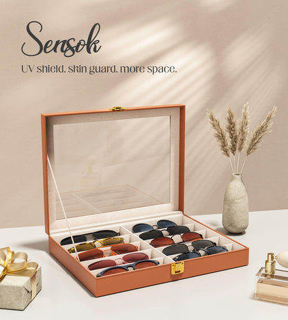 sensok Sunglasses Organizer Storage Box - 10 Slots Eyeglass Display Case for Multiple Pair Glasses, Sunglass Holder with Clear Glass Lid, Jewelry and Watch Collection Box for Women and Men, Brown