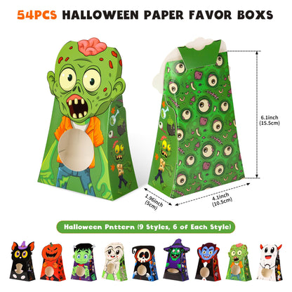 Giiffu 54-Pack Halloween Treat Boxes with Clear Window - 9 Designs Trick or Treat Candy Bags for Kids Party Favors Supplies, Classroom Exchange (6 x 4 x 2 Inches)