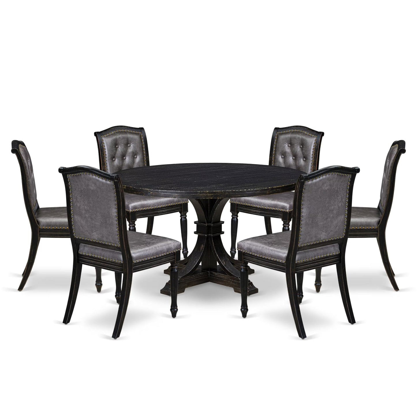 Luxe by East West Furniture I7MA7-511-34 7-Piece Kitchen Table Set with Polyester 6 Dark Gray Kitchen Chairs, Button Tufted Back, and A Round Dining Table in Sand Blasting Black Finish.