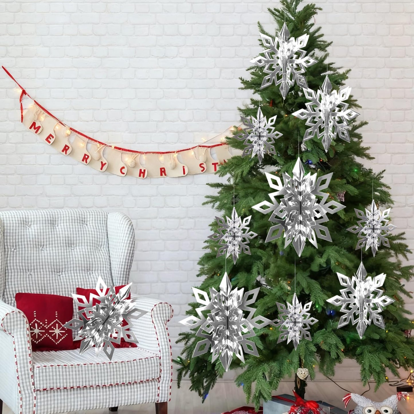 CCINEE 12 Pieces 3D Silver Snowflake Hanging Garland, Christmas Iridescent Paper Snowflakes String Ornaments for Classroom Ceiling Winter Wonderland Wall Hang Holiday New Year Home Decorations