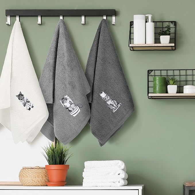 3 Pcs Cat Bathroom Hand Towels Set Cute Black Cat Embroidered Decorative Funny
