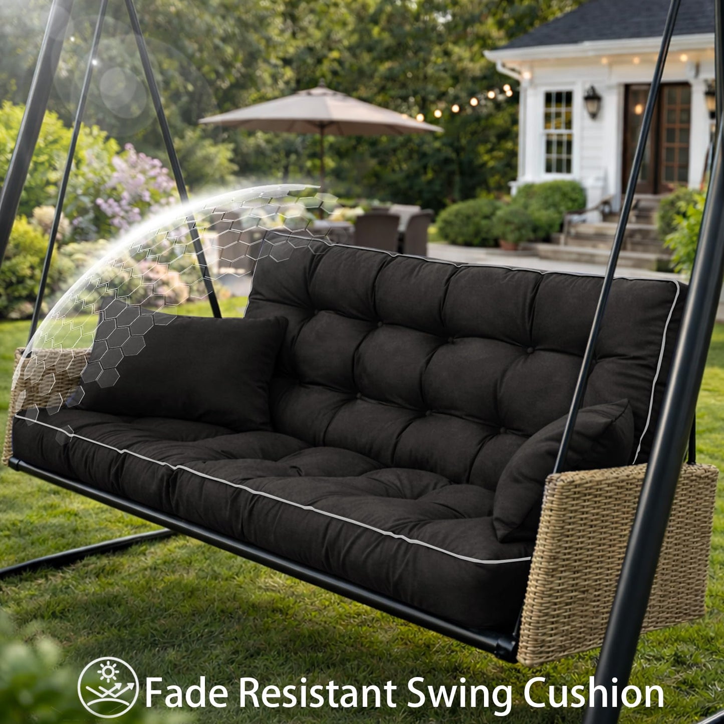 Kerkrot Porch Swing Cushions, Waterproof & Fade Resistant Outdoor Swing Cushion 70 Inch, Swing Cushions 3 Seater Replacement for Outdoor Furniture, Patio, Garden (Black, 70 x 40 inch)