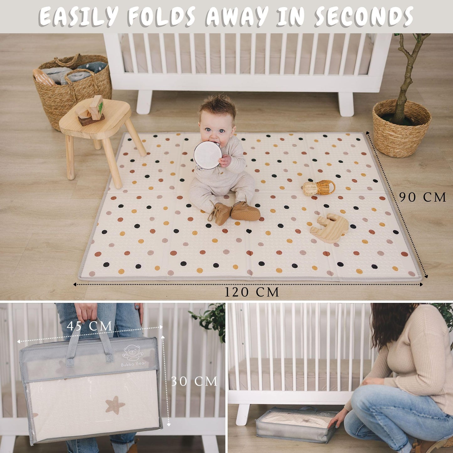 Bubba Bear Baby Play Mat, Floor Foam Playmats for Babies, Foldable Matt Gyms Playmat for Kids & Infants, Large Padded Waterproof Mats for Crawling & Playing, Soft Folding Wipeable (120 x 90 cm, Beige)