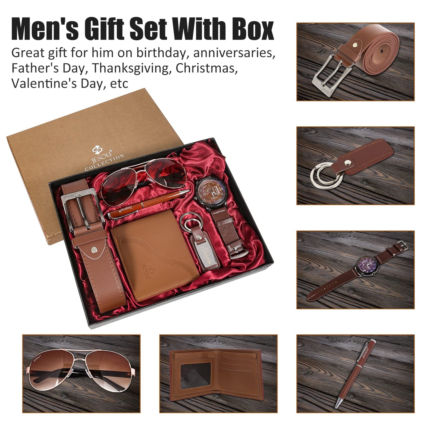Baojulong 6pcs Men's Gift Set with Box Brown Leather Belt Wallet Watch Glasses Keychain Ballpoint Pen Gifts for Men, Valentines Day Gifts for Him