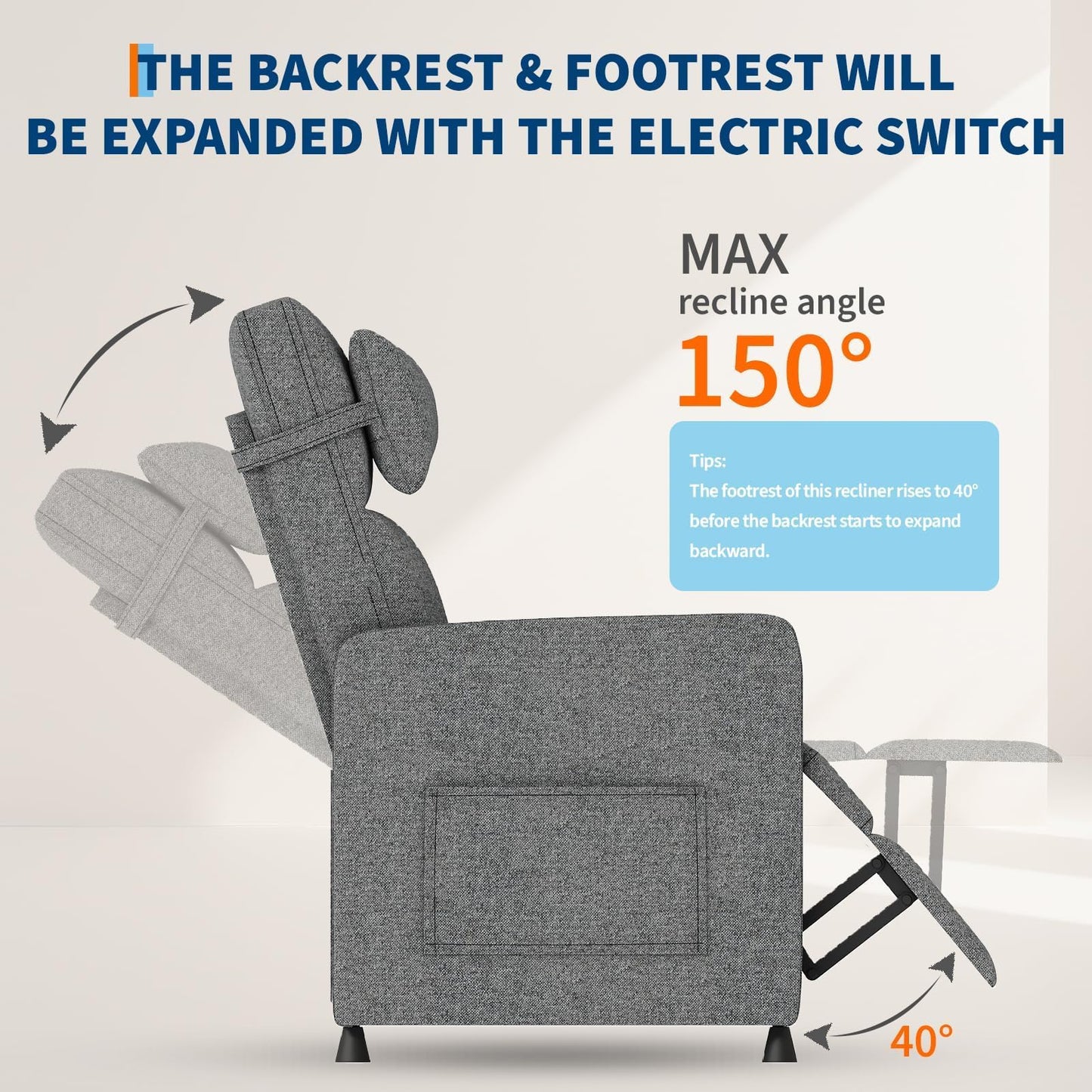 GarveeHome Electric Recliner Chair Adjustable Power Recliner for Living Room Bedroom with Lumbar Support & Side Pockets & USB Port